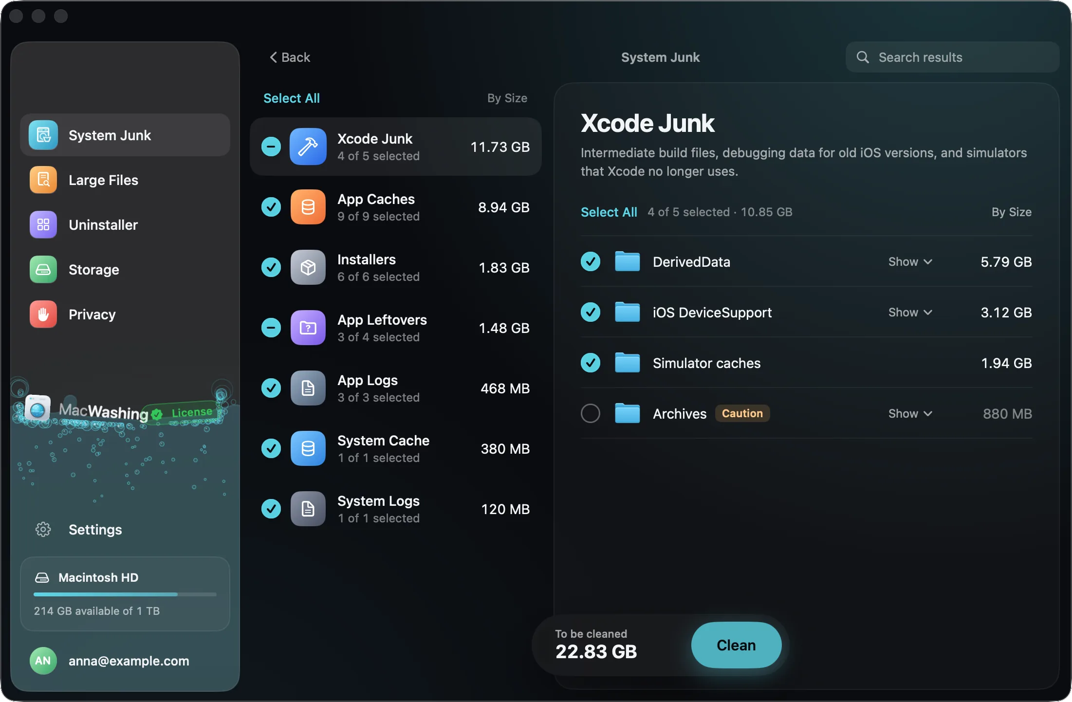 System Junk after a scan: caches, logs and leftovers with their sizes and the Clean button