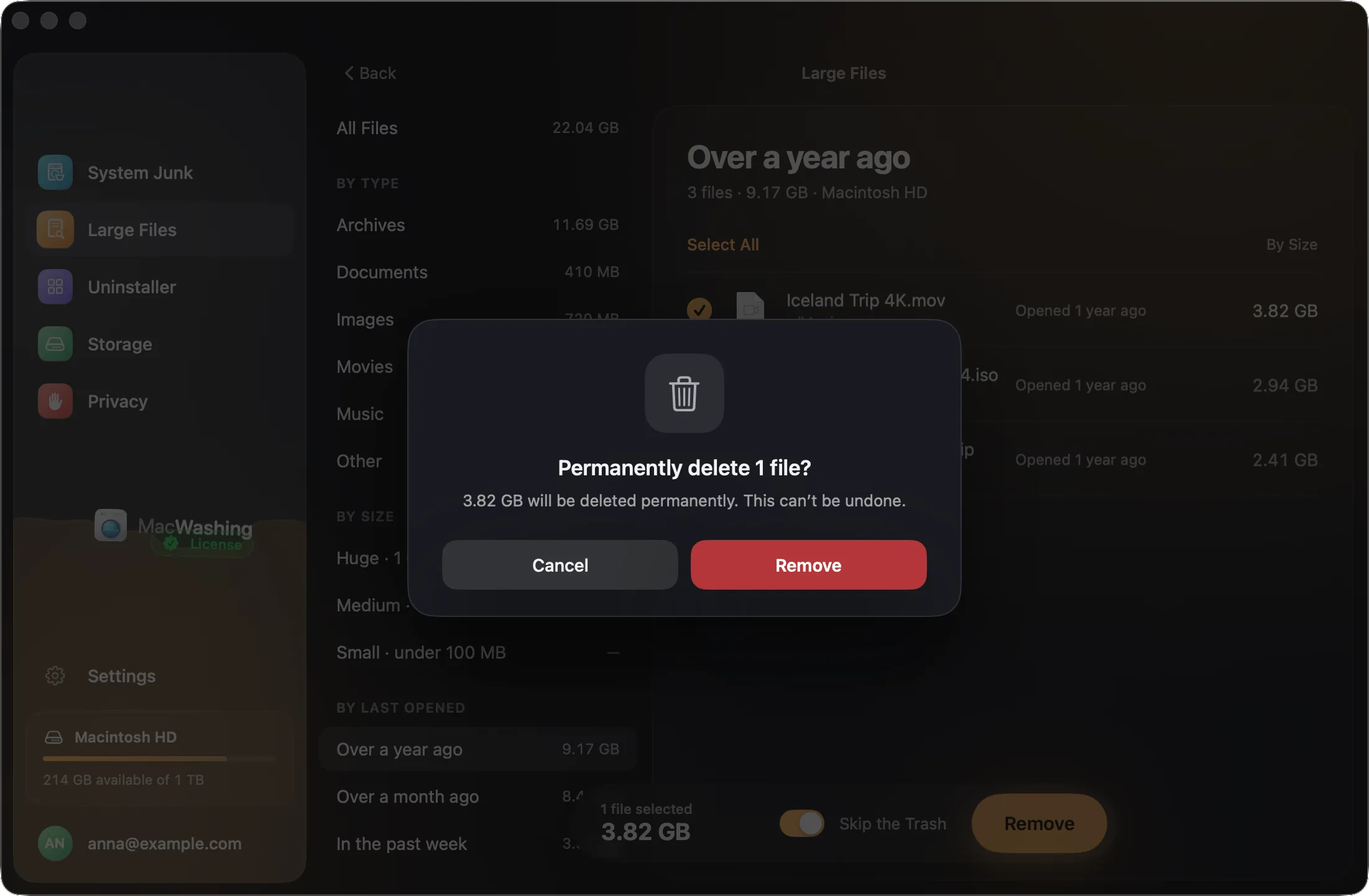 MacWashing asks to confirm removing the checked file and says it will be deleted permanently