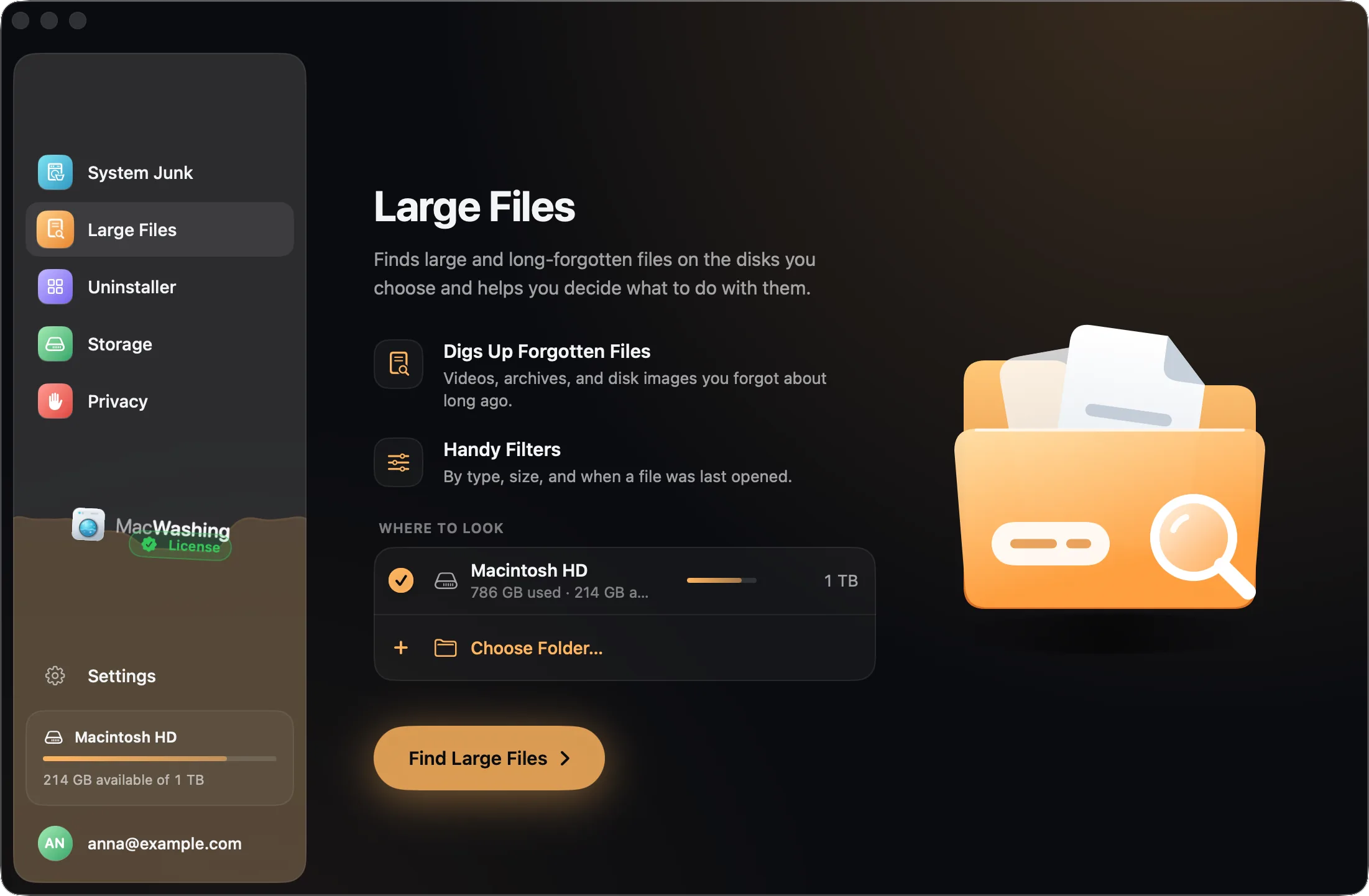 MacWashing, Large Files: the disks to check and the Find Large Files button