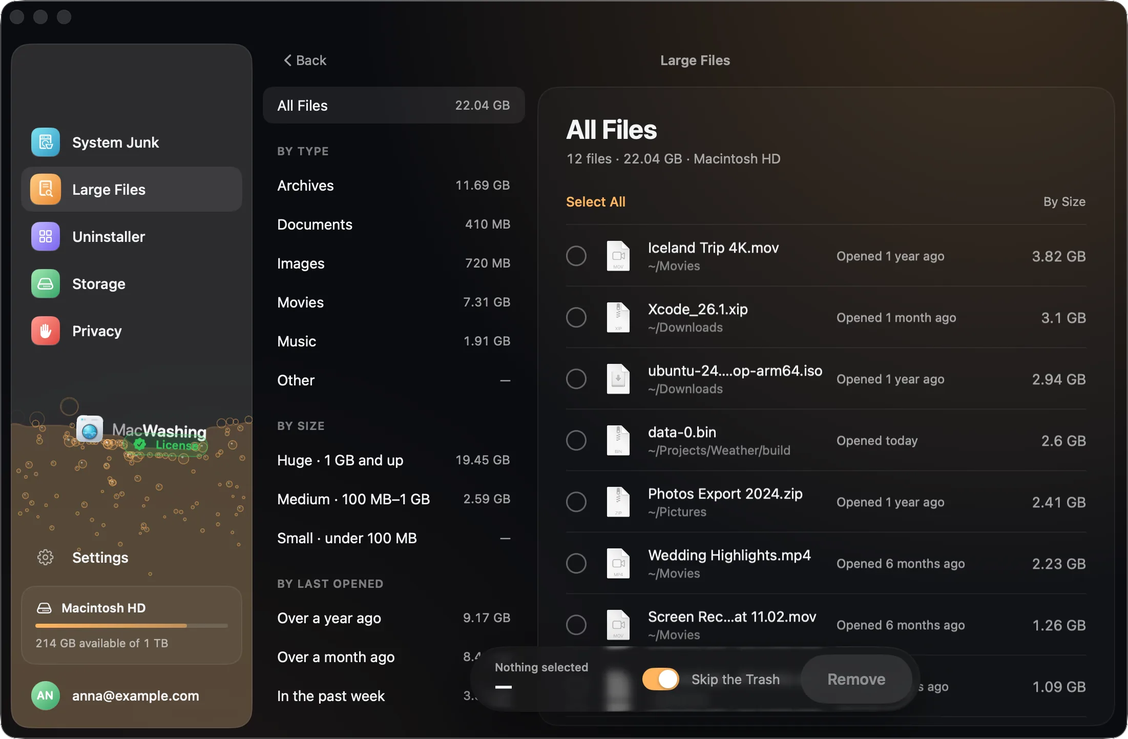 Large Files results: big files with their folders and sizes, and filters by type, size and last opened date