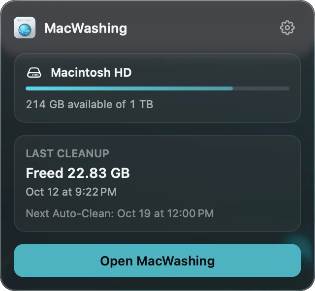 MacWashing’s menu bar window: free space, the last cleanup and the next auto-clean