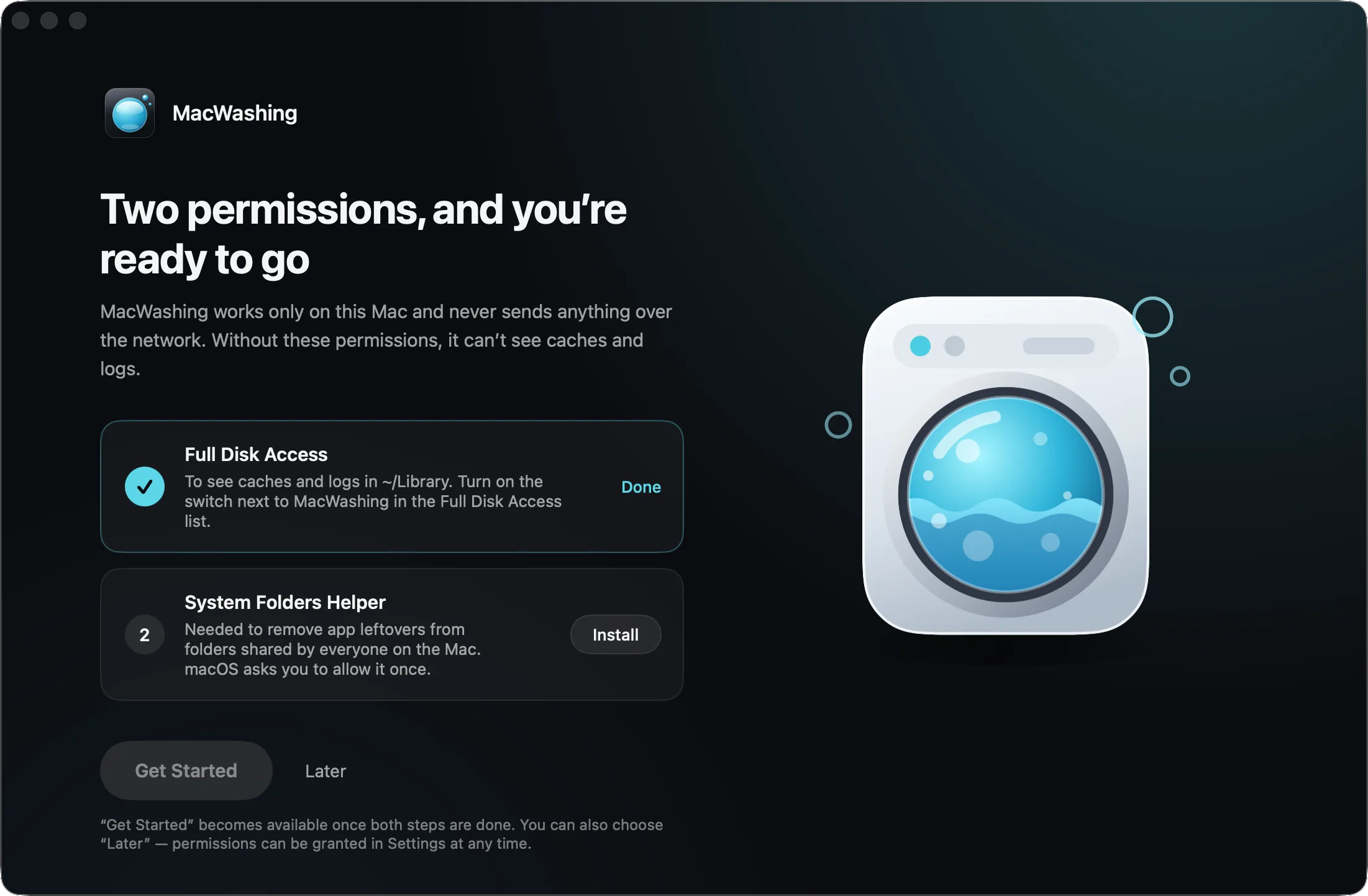 MacWashing’s first screen: Full Disk Access and System Folders Helper, each with its button
