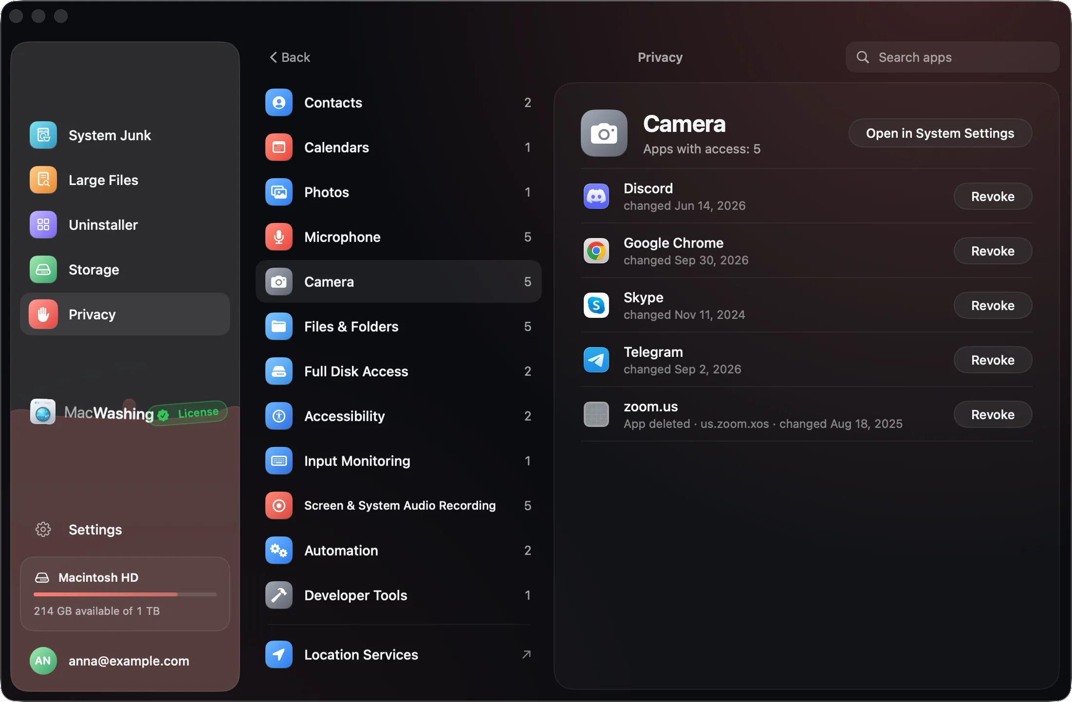 MacWashing’s Privacy: Camera selected, the apps with access and a Revoke button for each