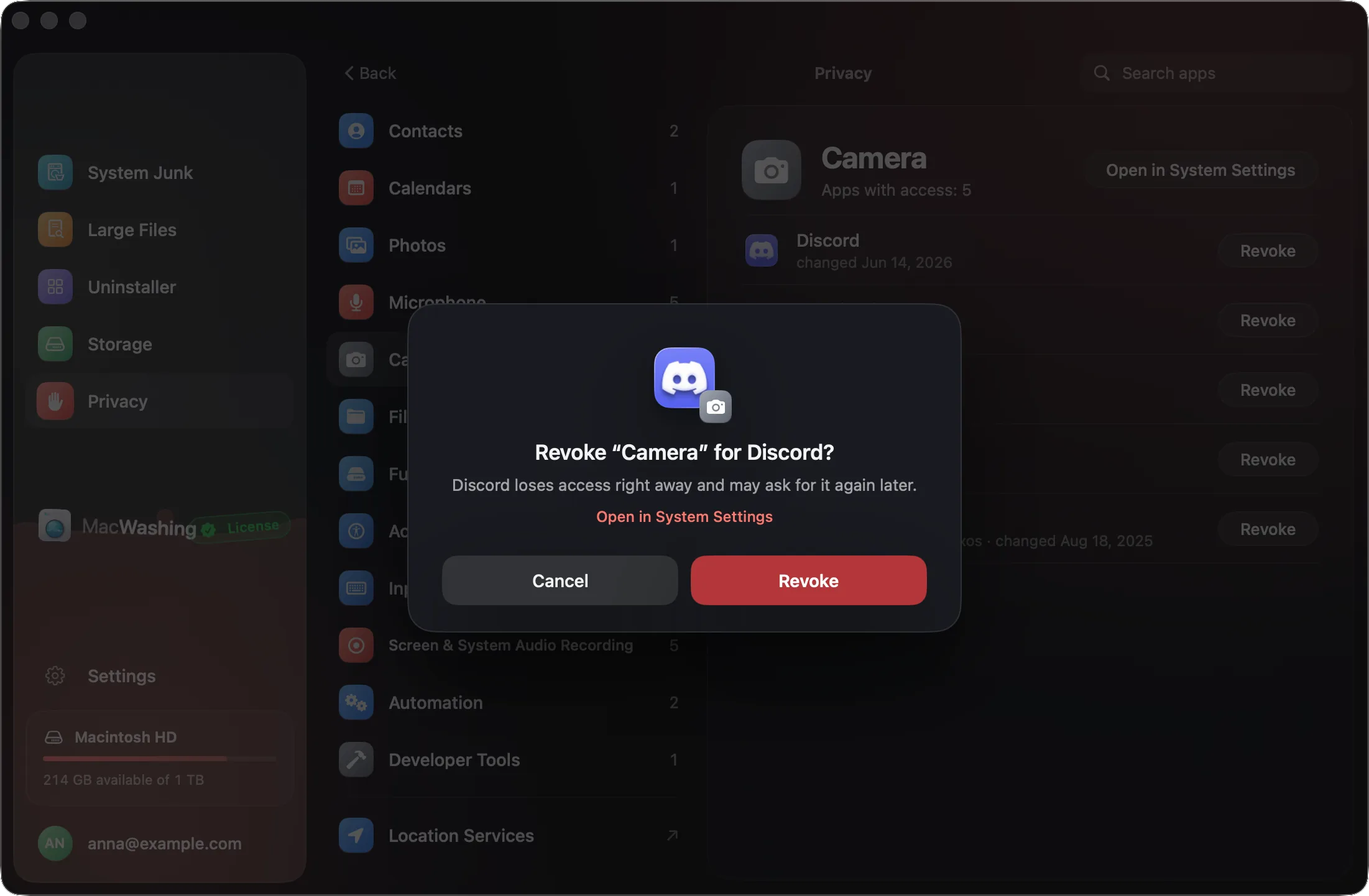 MacWashing asks to confirm revoking the camera for an app