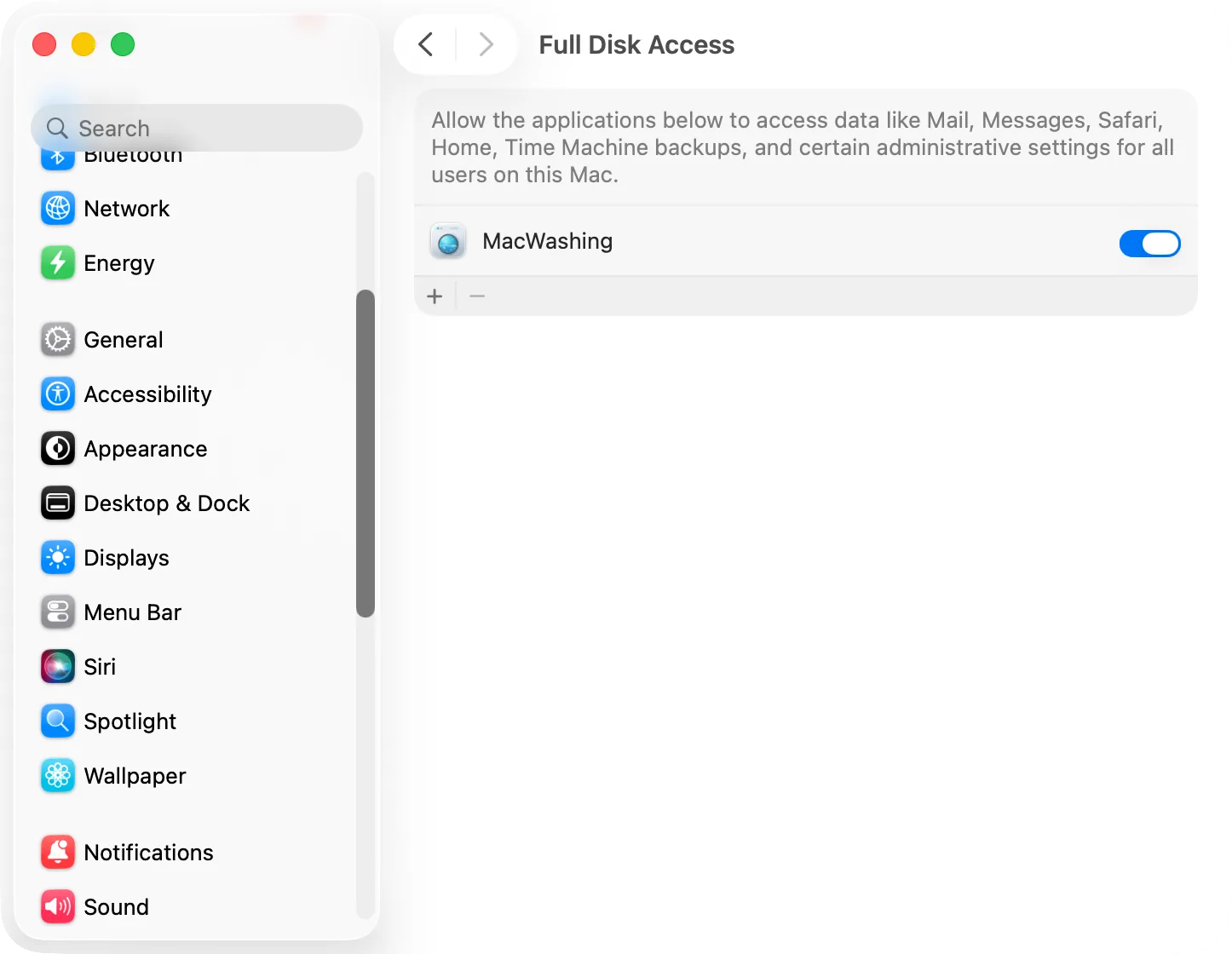 System Settings, Privacy & Security, Full Disk Access with MacWashing turned on