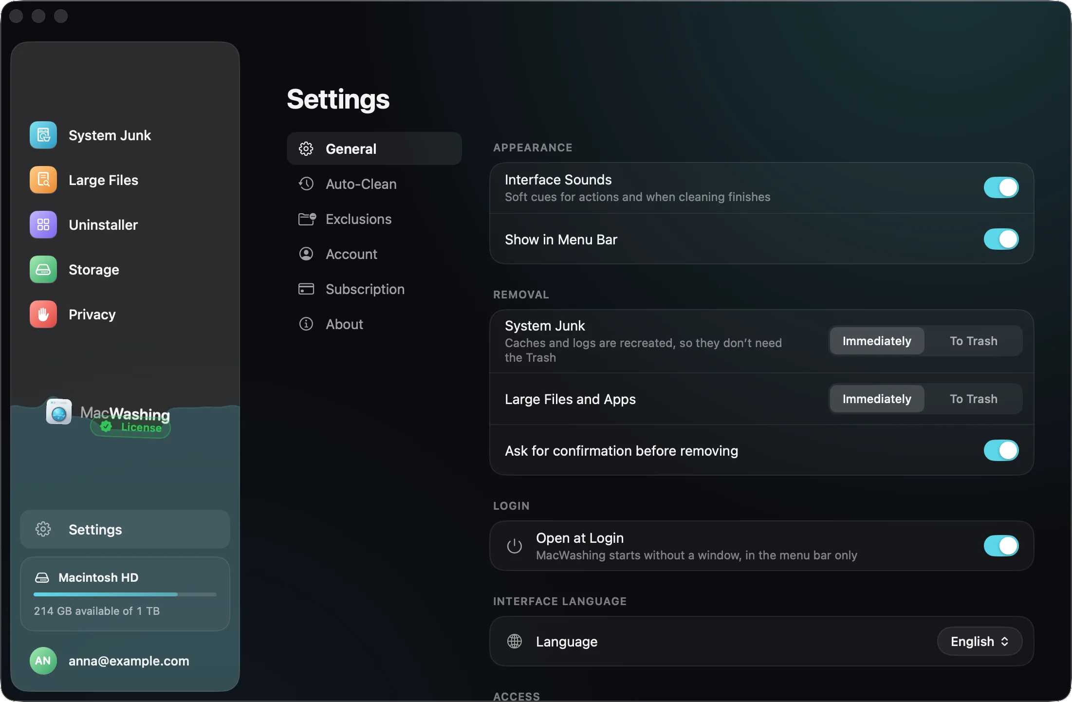 MacWashing Settings, General: Removal with Immediately and To Trash for System Junk and for Large Files and Apps