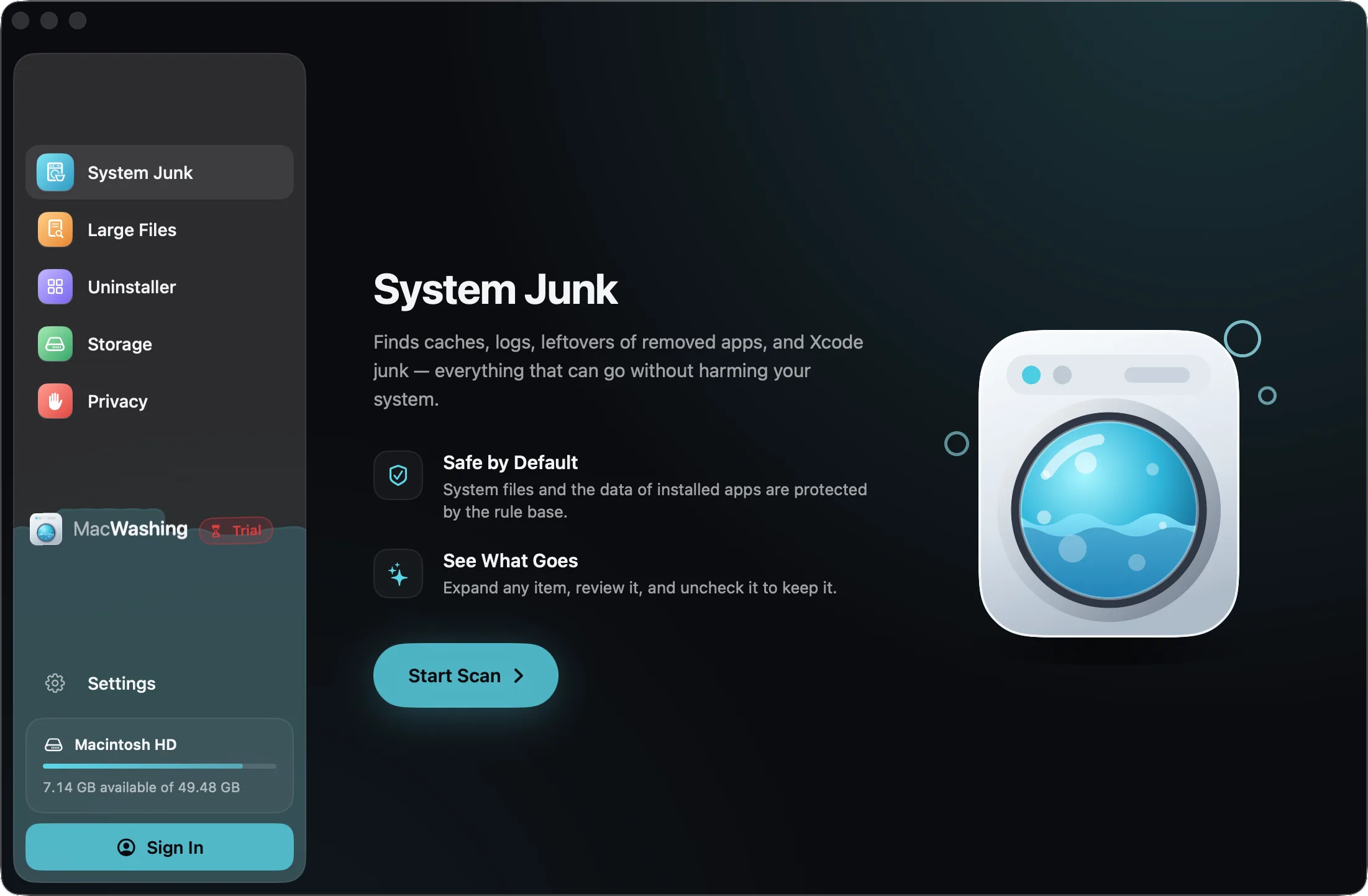 MacWashing without an account: System Junk and Sign In at the bottom of the sidebar