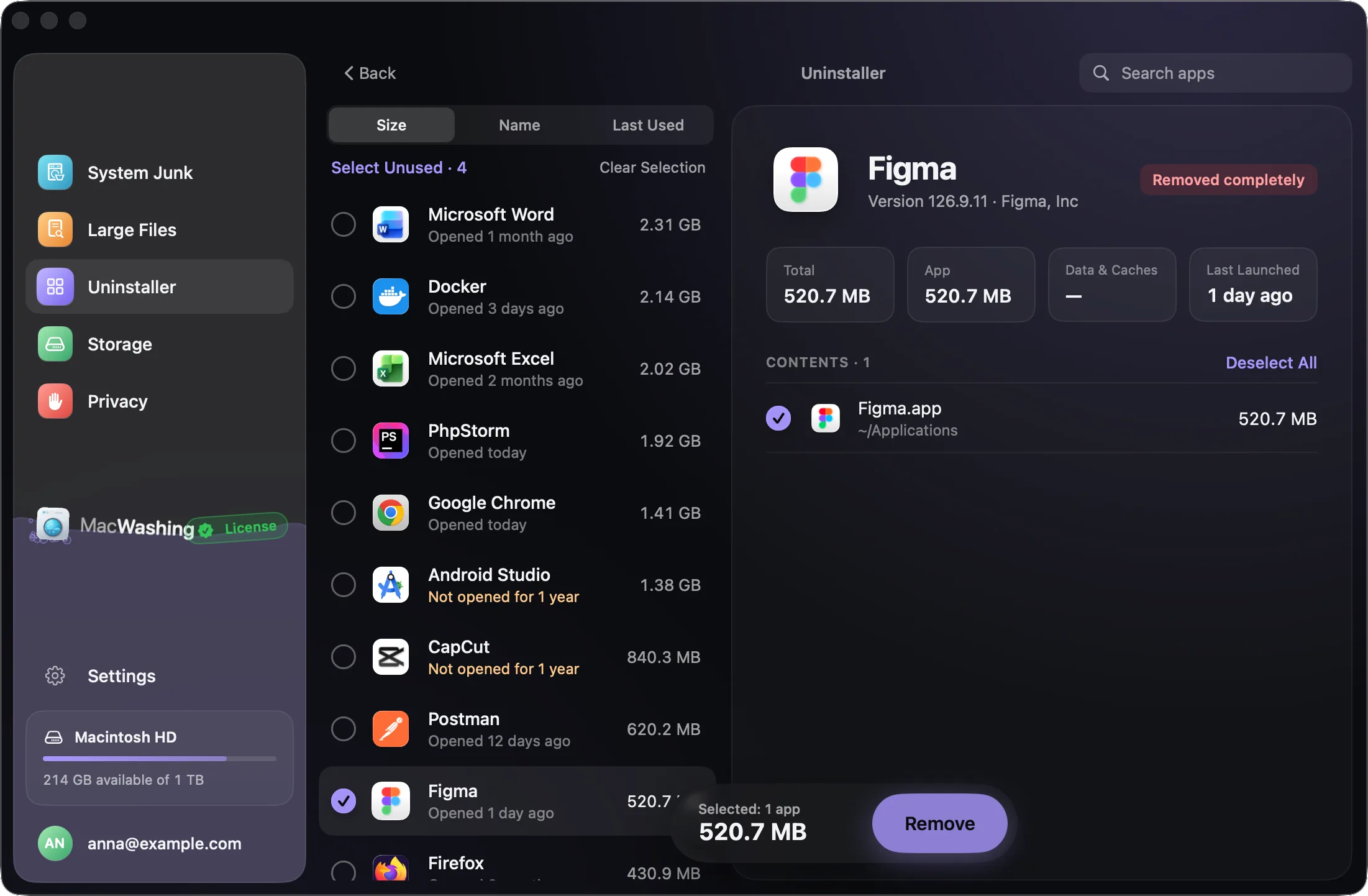 An app selected in the Uninstaller: its size, data and caches, last launch and the list of its files