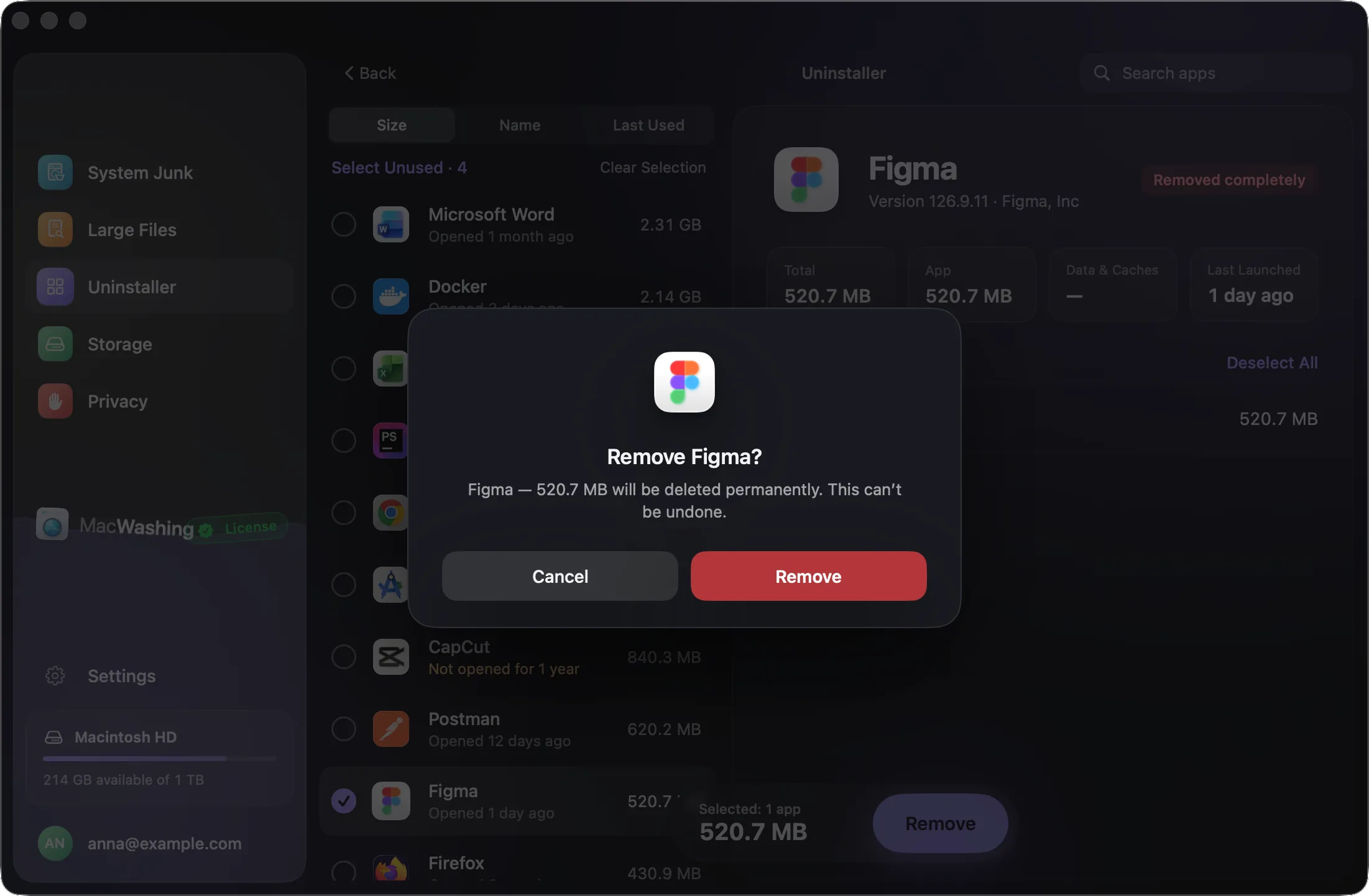 MacWashing asks to confirm: the app’s name and how much will be removed