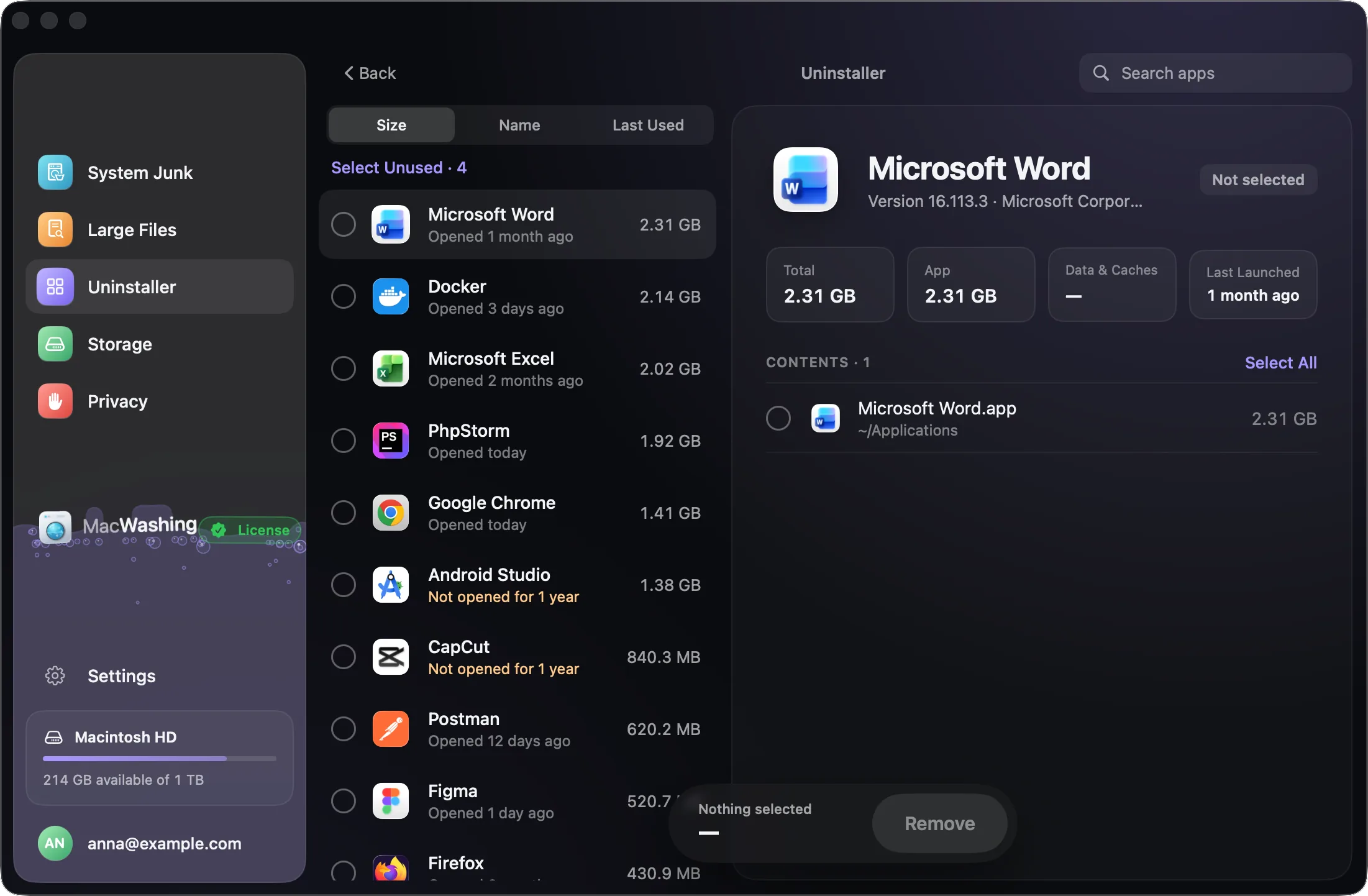 The Uninstaller’s list: apps by size with when each was last opened