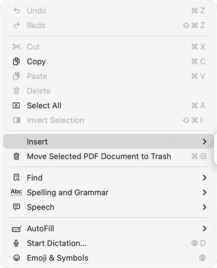 Preview: Edit › Insert › Page from File or Blank Page