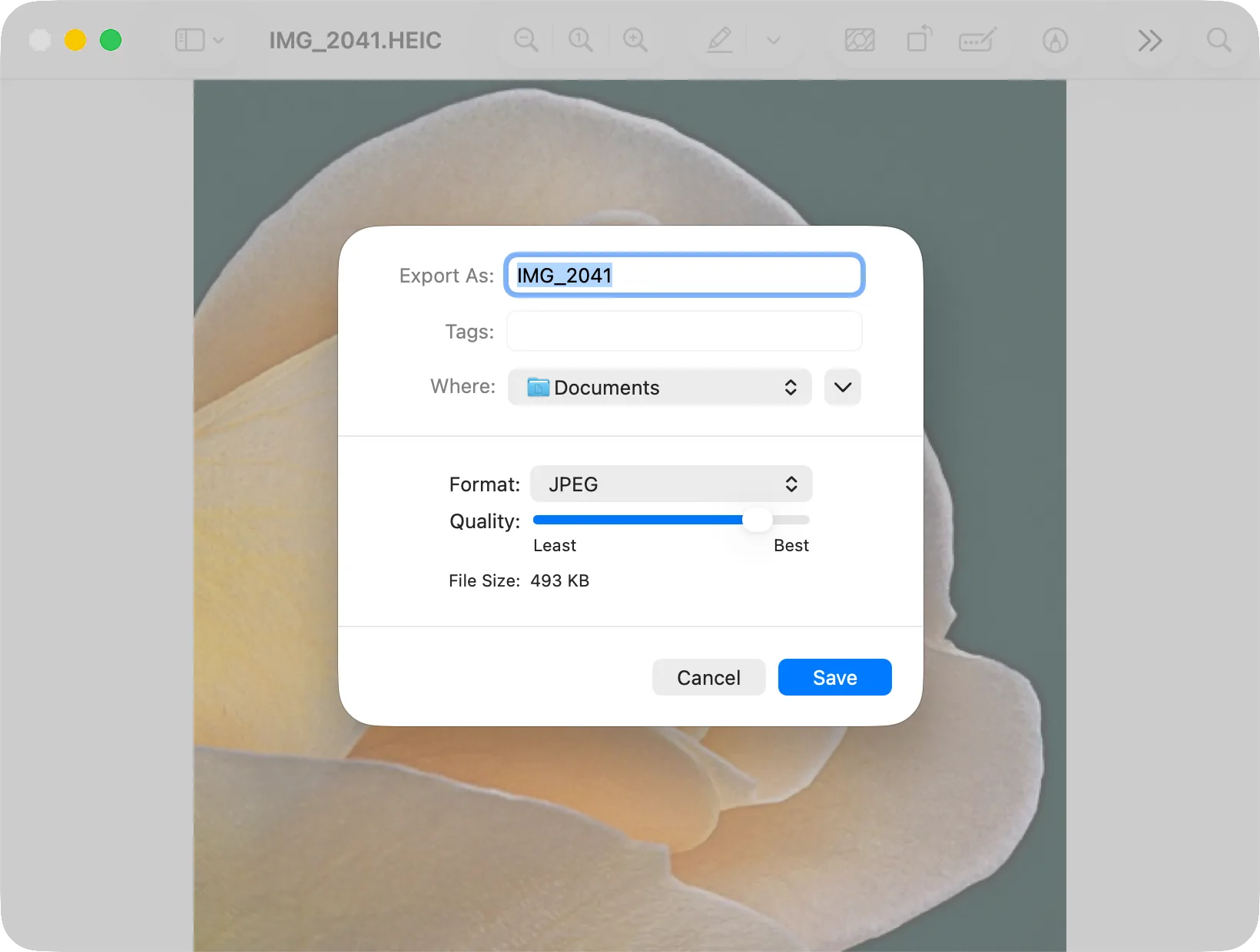 Preview’s Export window: Format JPEG and the Quality slider