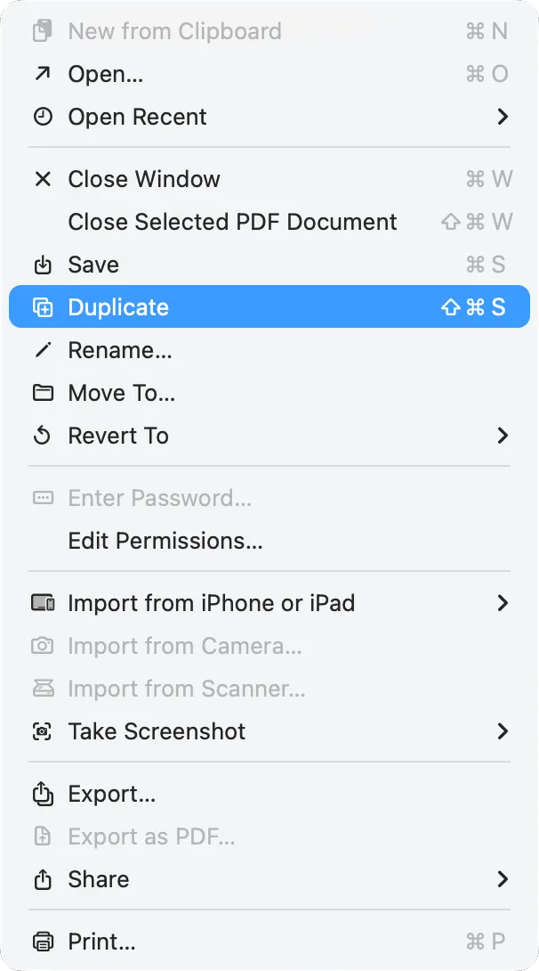 Preview’s File menu with «Duplicate»
