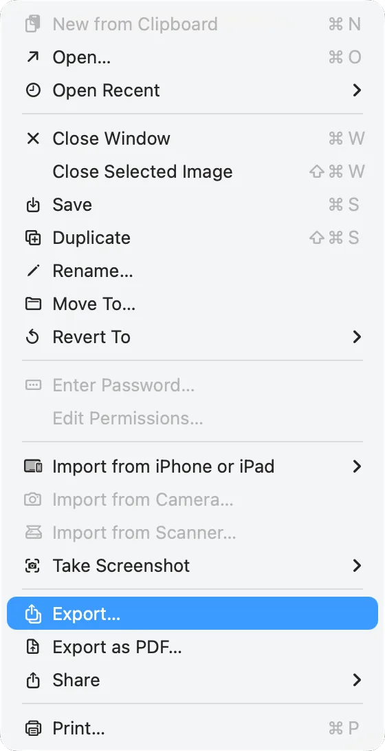 Preview’s File menu with «Export» for a HEIC photo