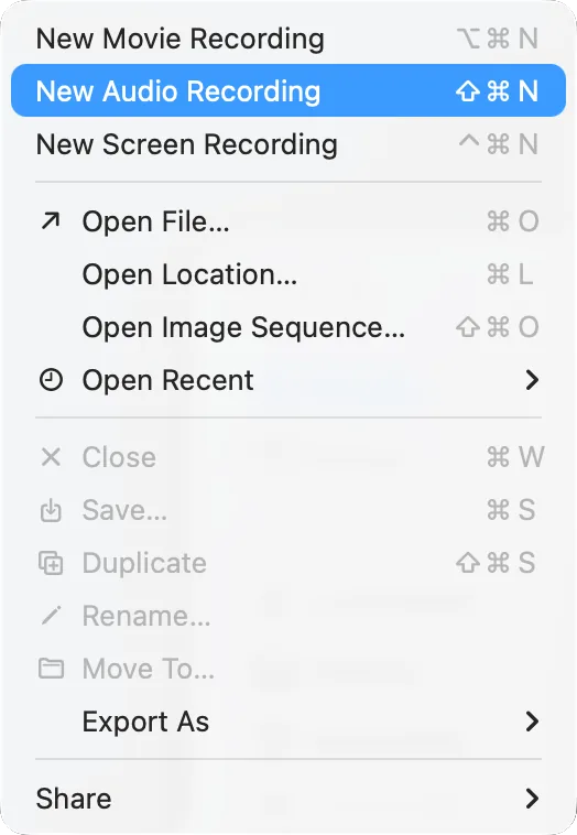 QuickTime Player’s File menu with «New Audio Recording»