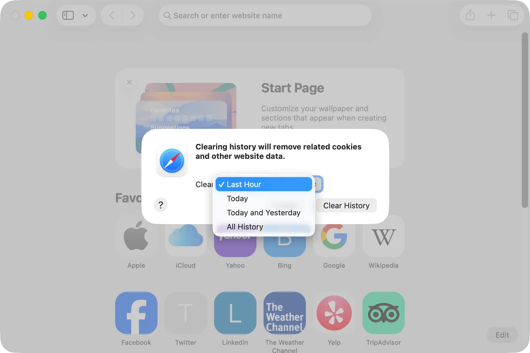 Safari’s Clear History window with the time period menu open