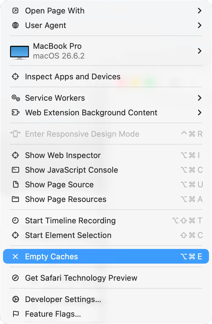 The Develop menu in Safari with «Empty Caches»