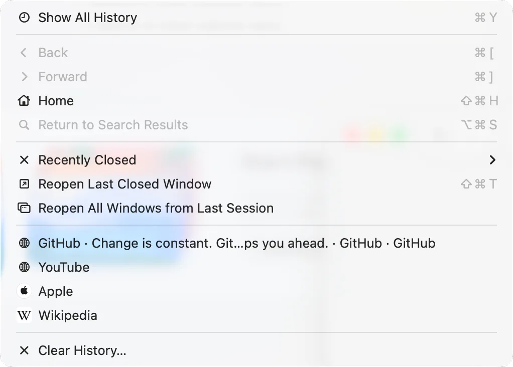 Safari’s History menu with «Clear History»
