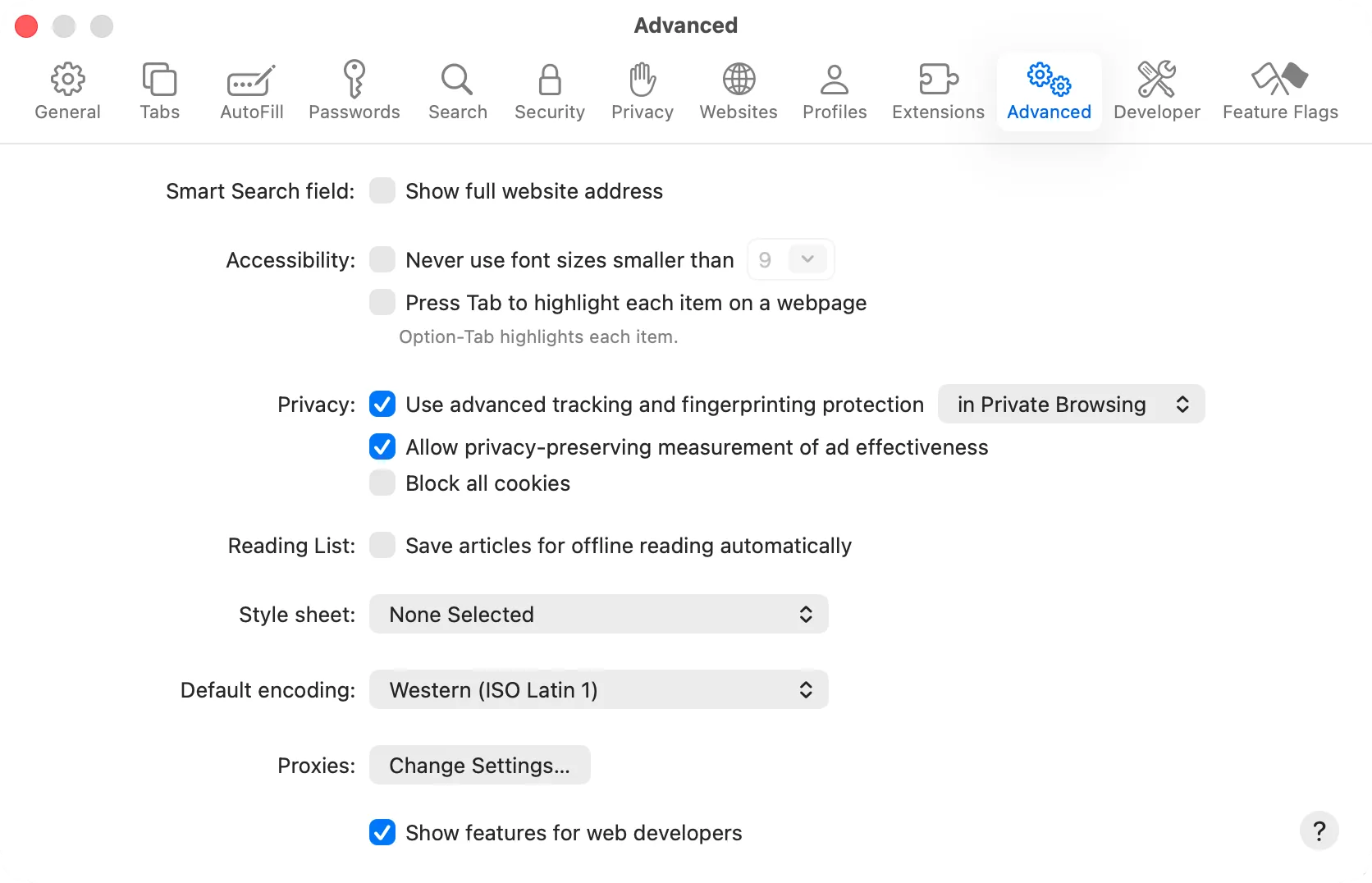 Safari Settings, Advanced: «Show features for web developers» turned on