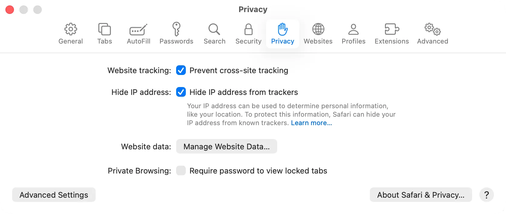 Safari Settings, Privacy, with the Manage Website Data button