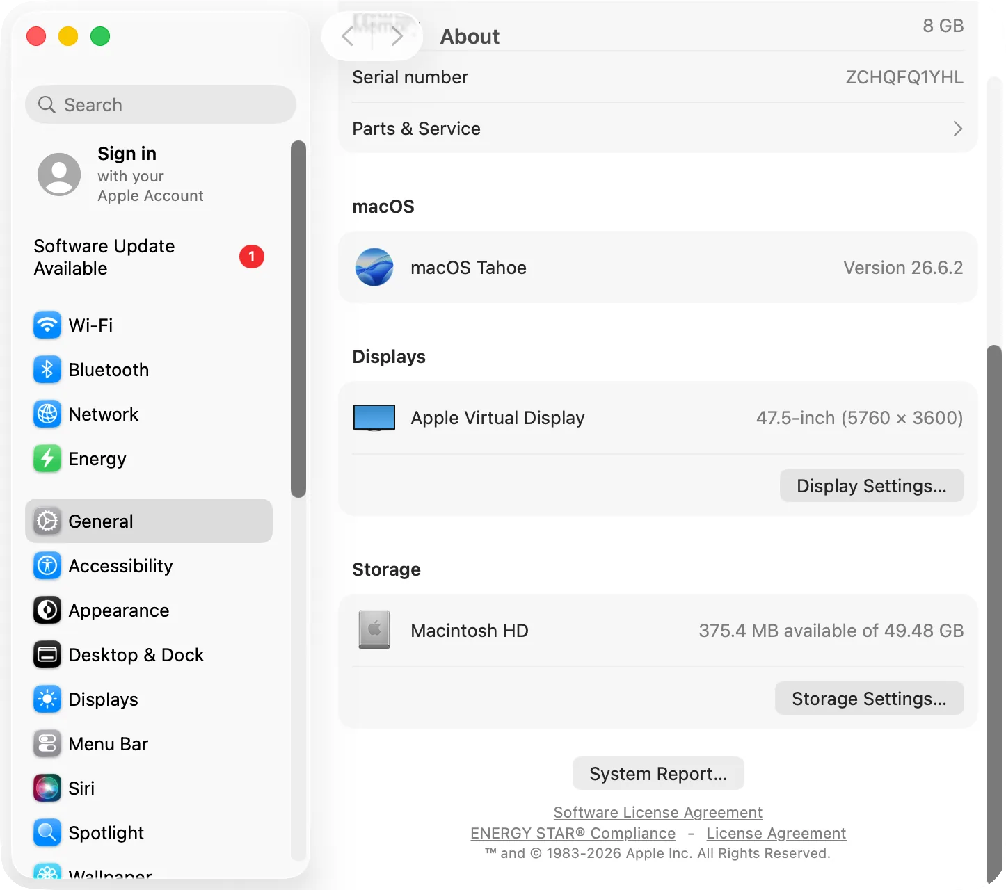 General › About: the System Report button
