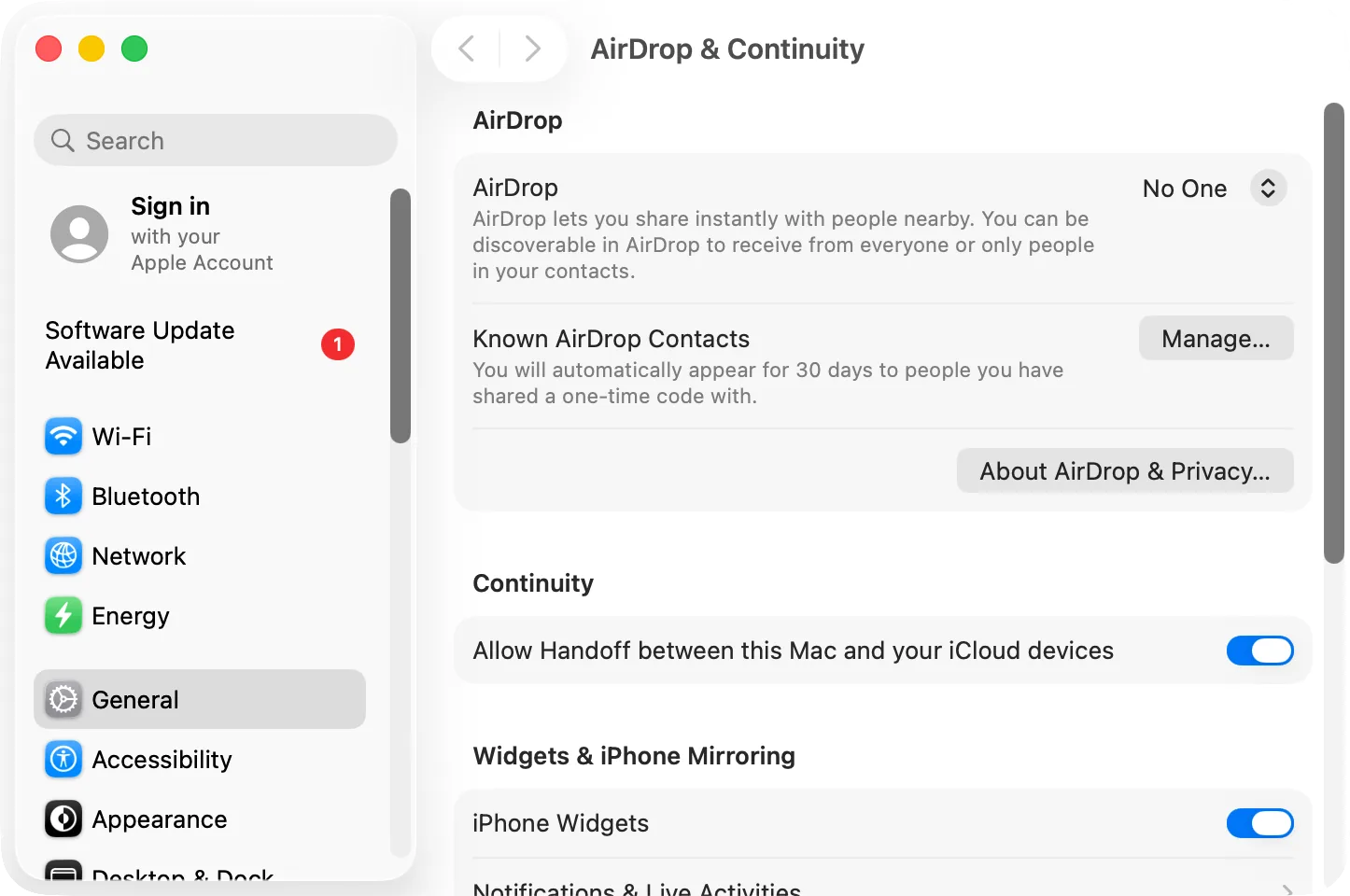 System Settings › General › AirDrop & Continuity with the Handoff switch