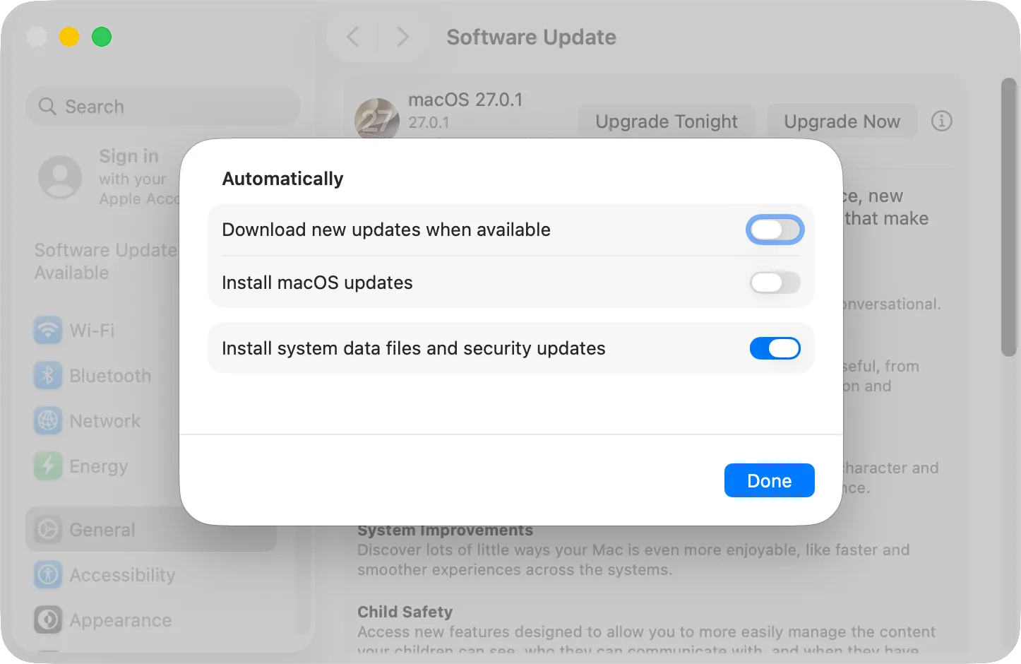 The Automatic Updates sheet with its switches