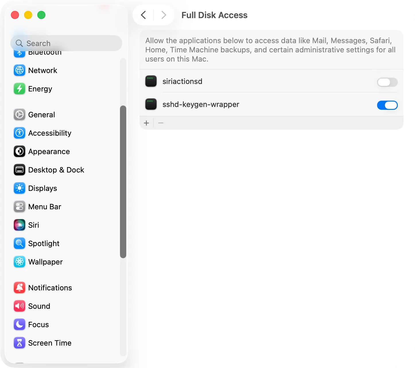 System Settings, Privacy & Security, Full Disk Access: apps allowed to read protected folders