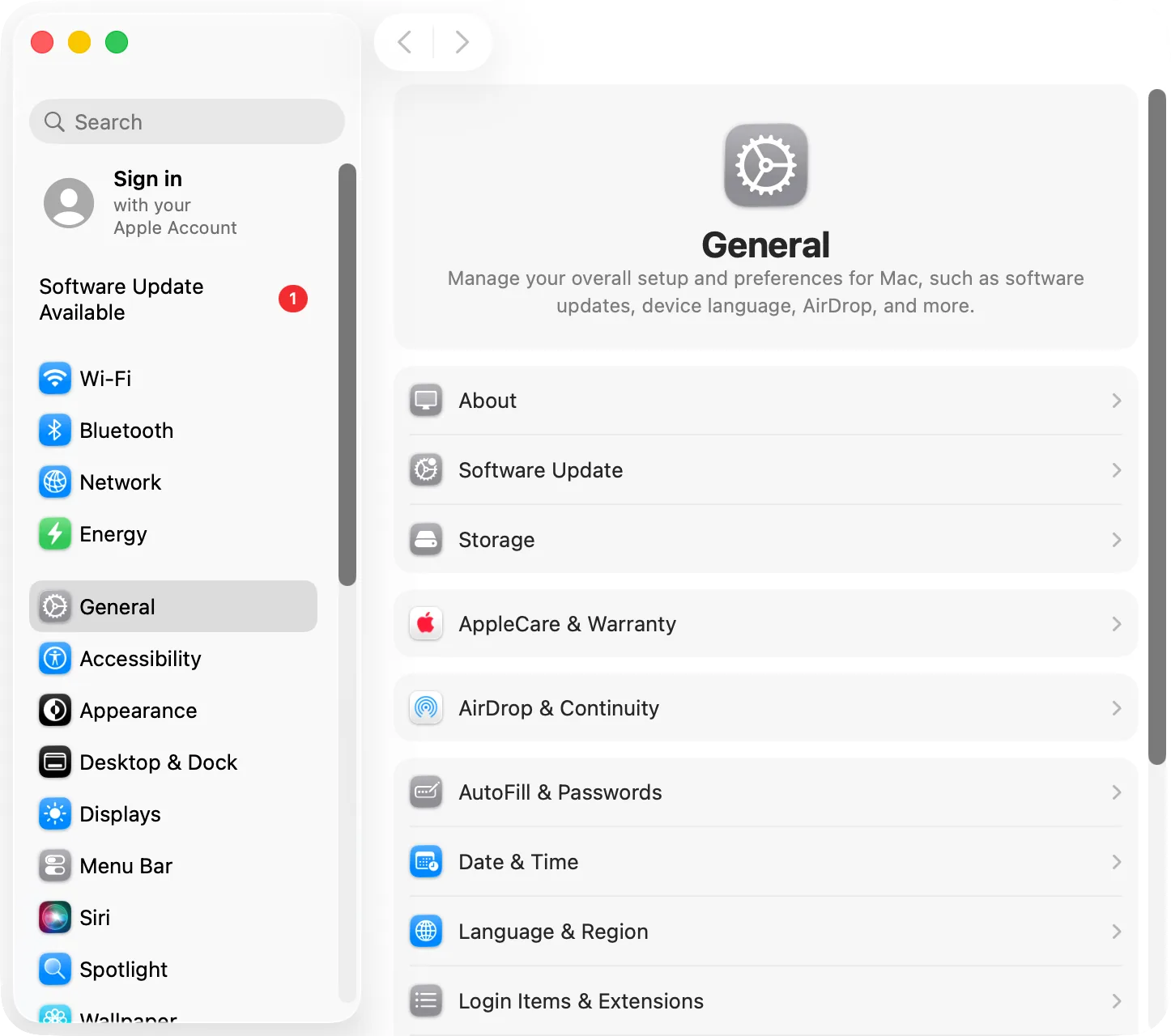 System Settings, General with the Login Items & Extensions row