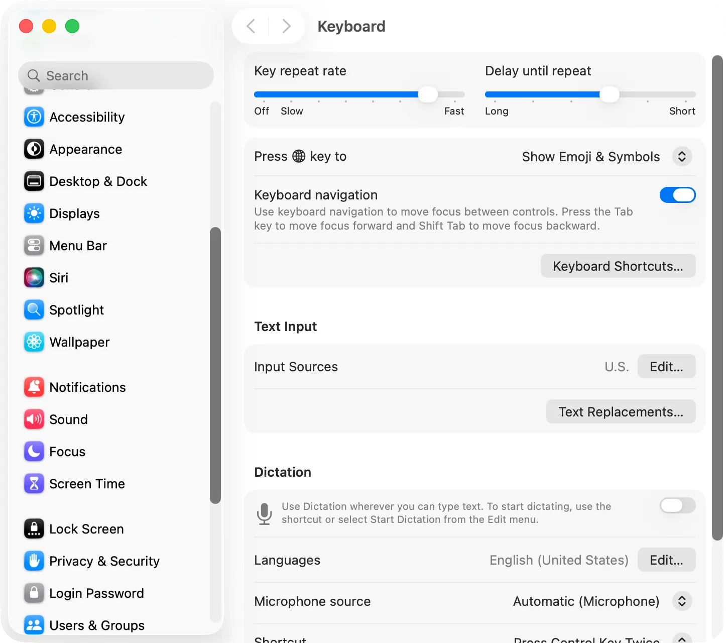 System Settings › Keyboard: «Press Globe key to» set to Show Emoji & Symbols