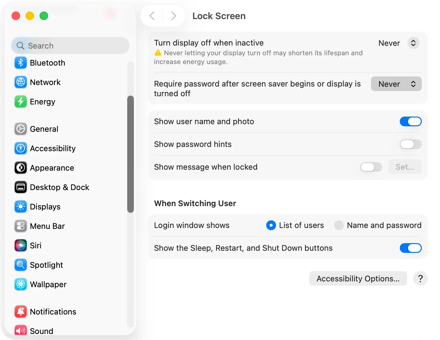 System Settings › Lock Screen: when to turn the display off and require a password