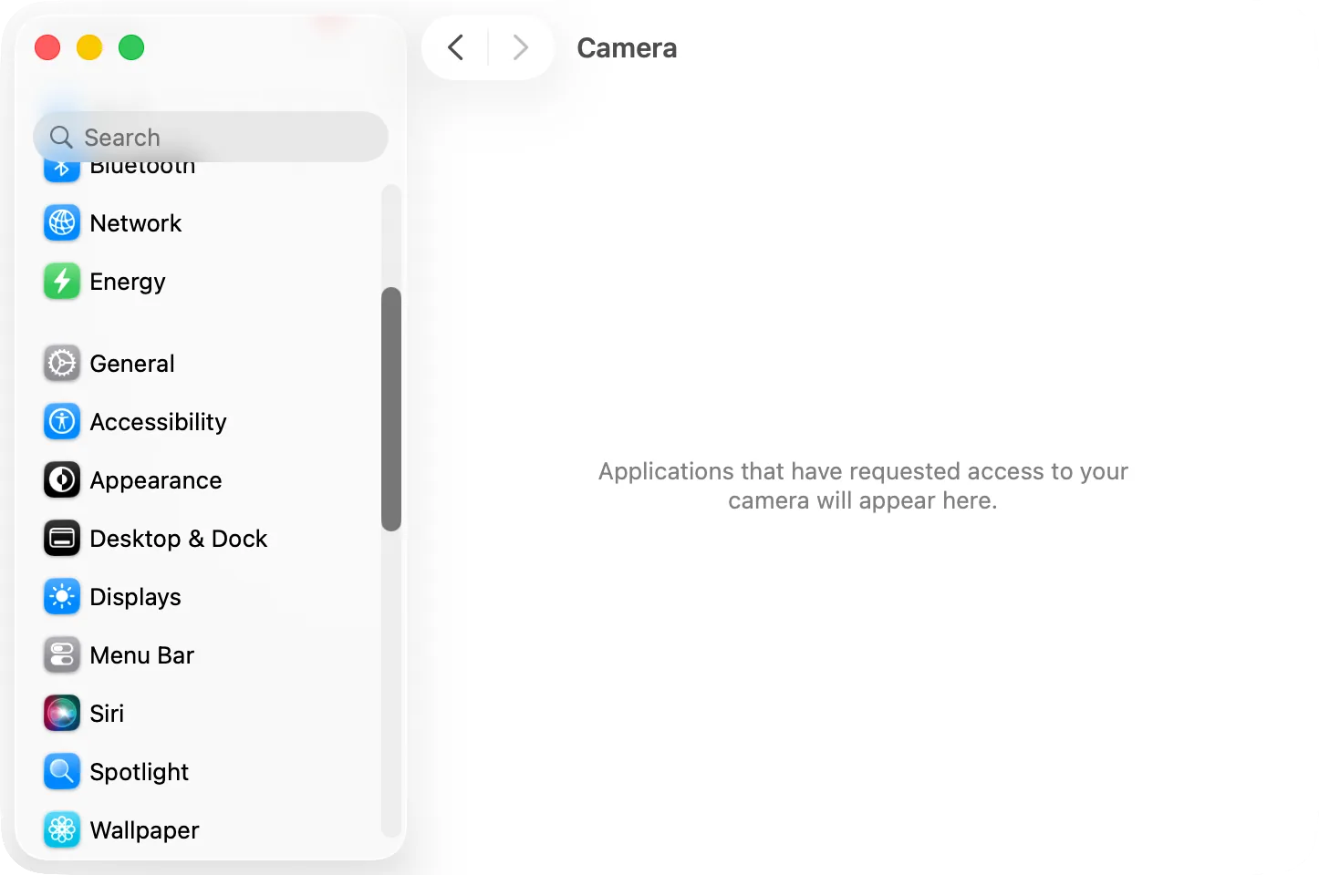 System Settings, Privacy & Security, Camera: the list of apps that asked for the camera