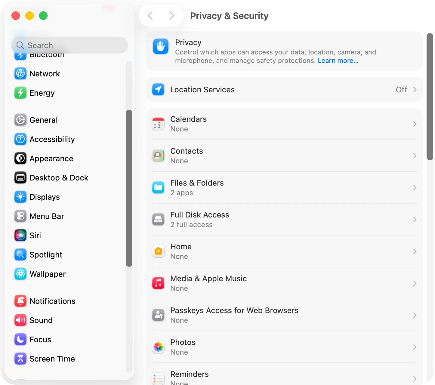 System Settings, Privacy & Security: the lists of permissions