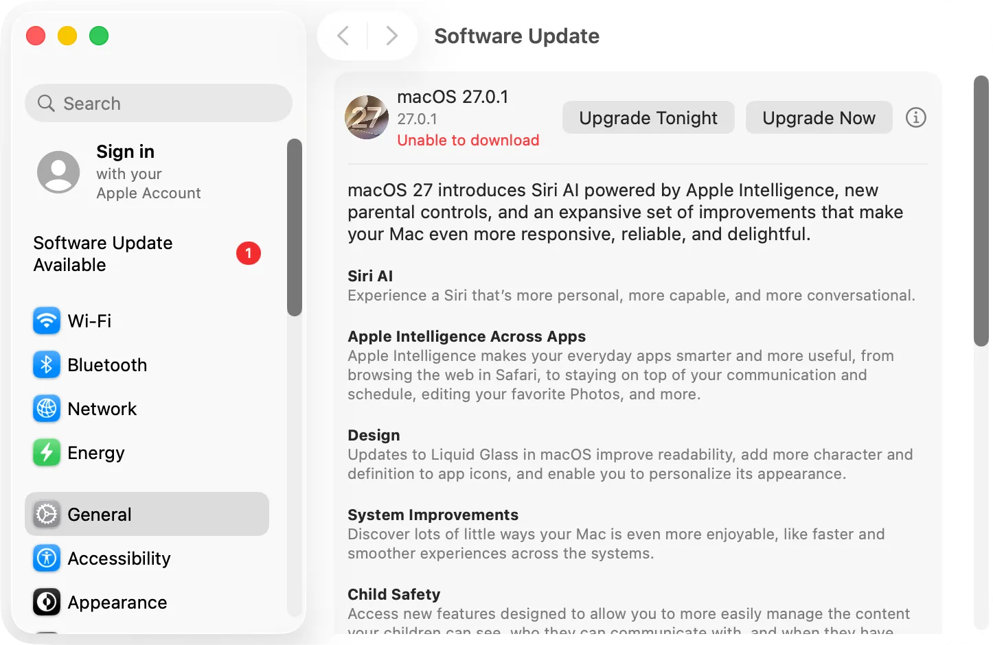 System Settings, General, Software Update with an update available