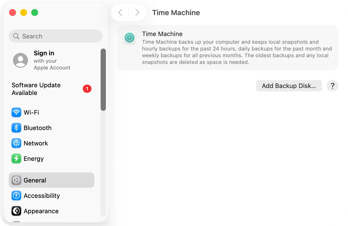 System Settings › General › Time Machine with «Add Backup Disk»