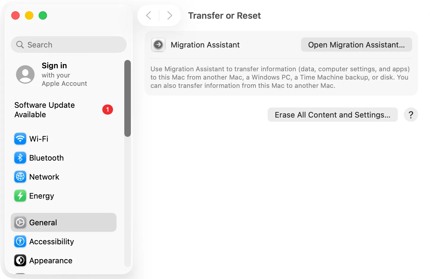 System Settings › General › Transfer or Reset with «Erase All Content and Settings»