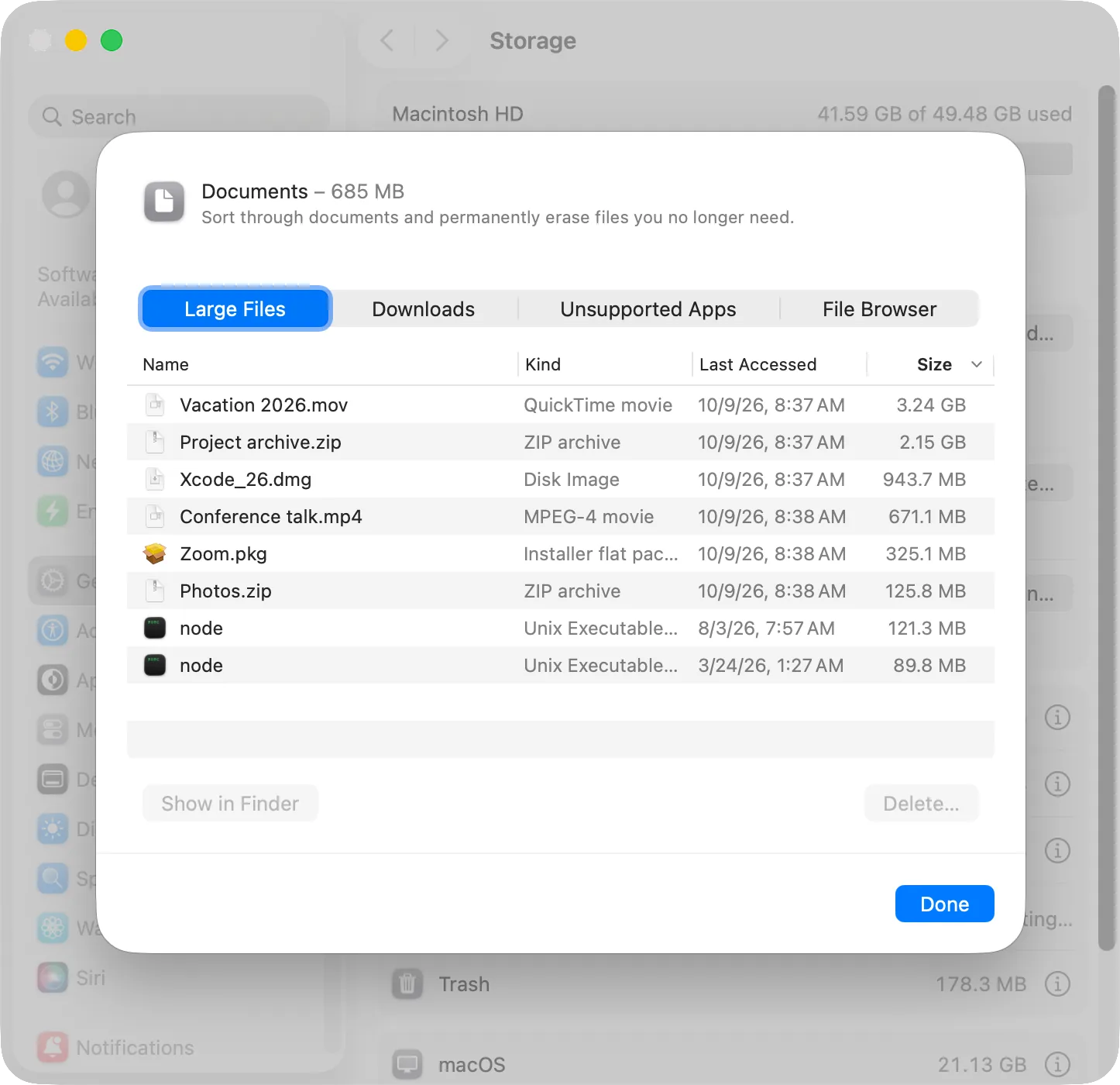 Storage, Documents: the list of large files with the Delete button