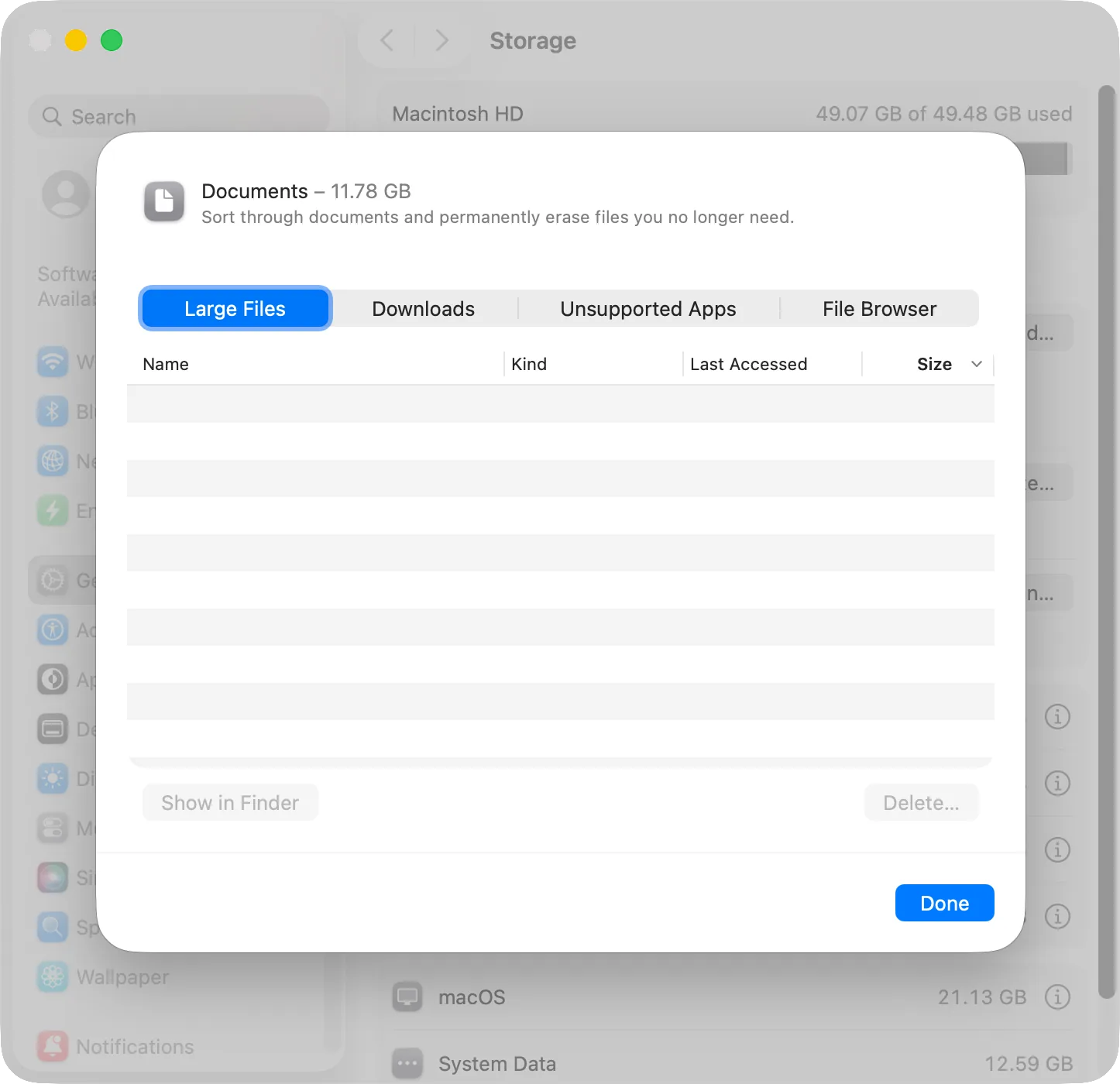 Storage, Documents, File Browser: folders with how much space each takes