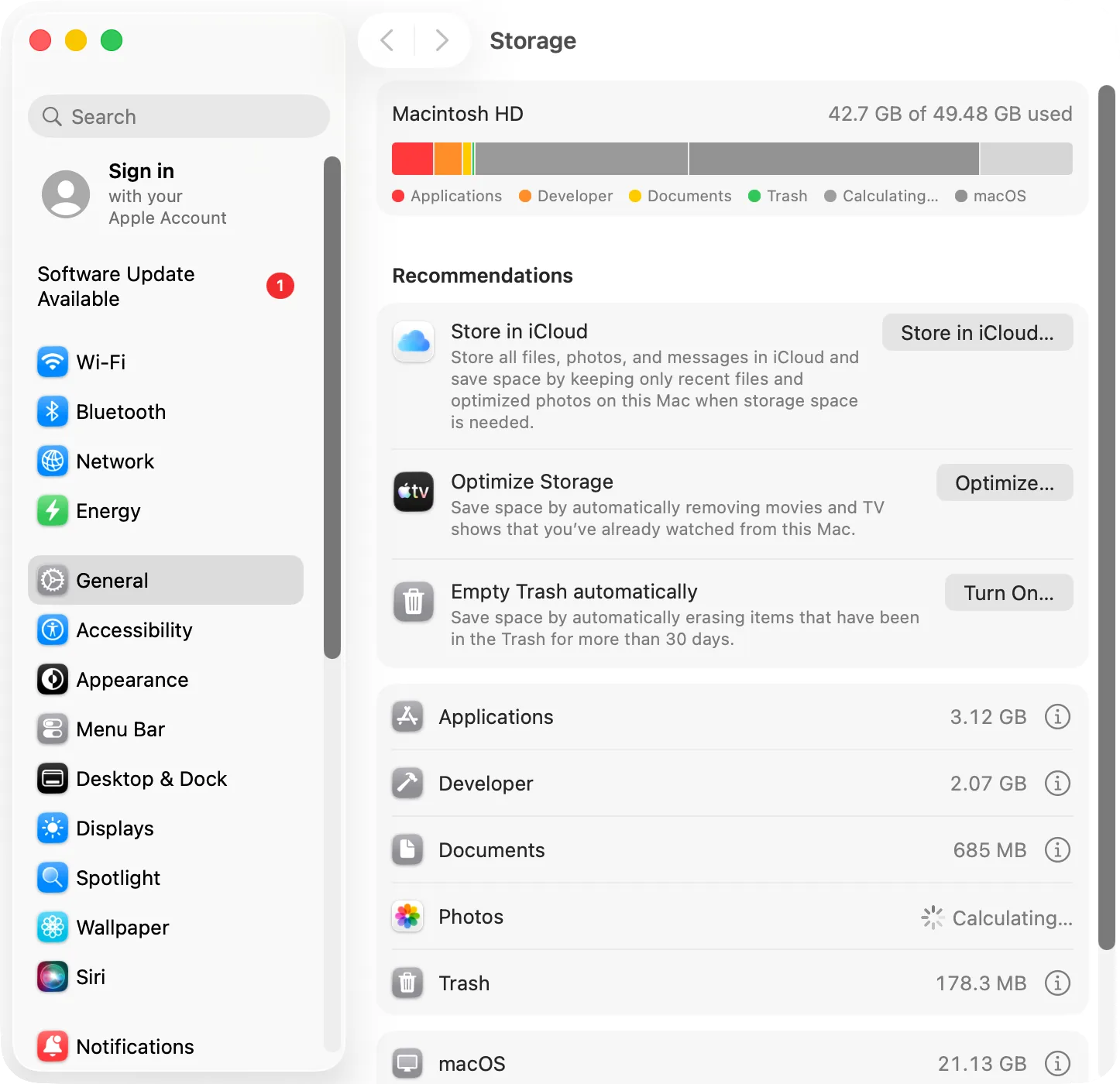 System Settings, General, Storage: how much space each category takes