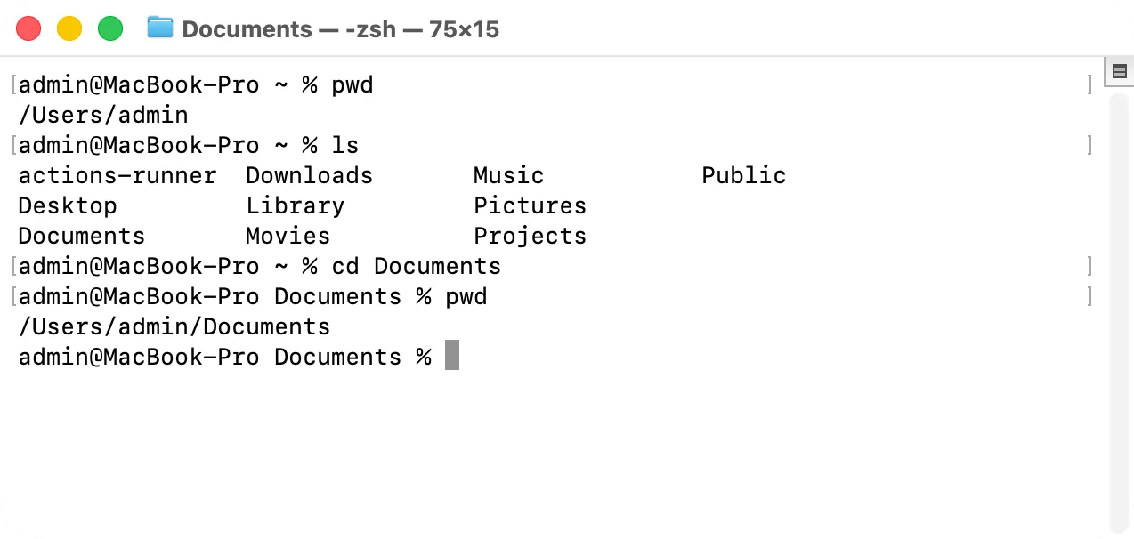 Terminal after pwd, ls and cd Documents