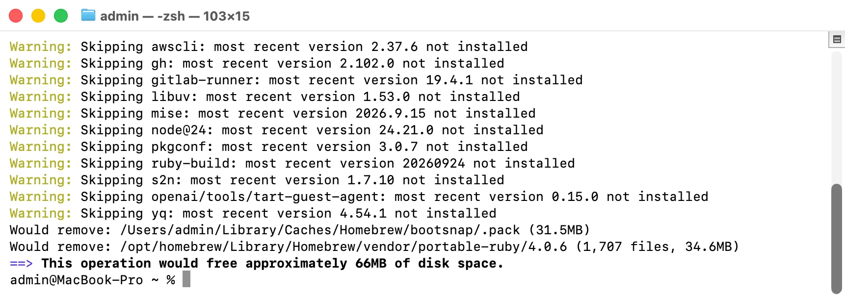 Terminal: brew cleanup -n lists what it would remove and how much space it would free