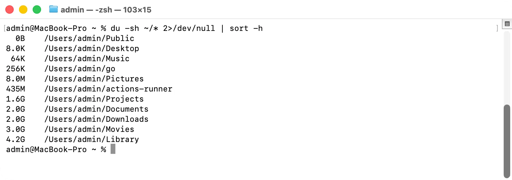 Terminal listing home folders from smallest to biggest