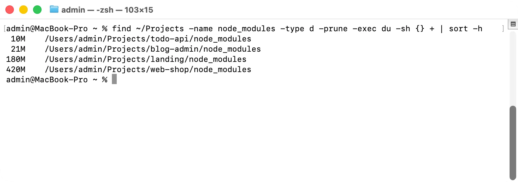 Terminal: every node_modules folder in ~/Projects with its size, the biggest last