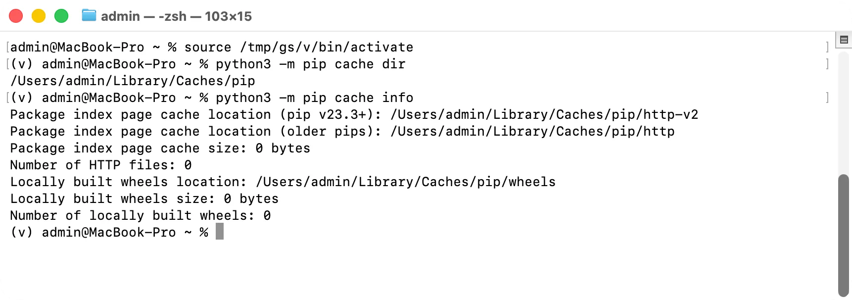 Terminal: the pip cache folder and how much space it takes