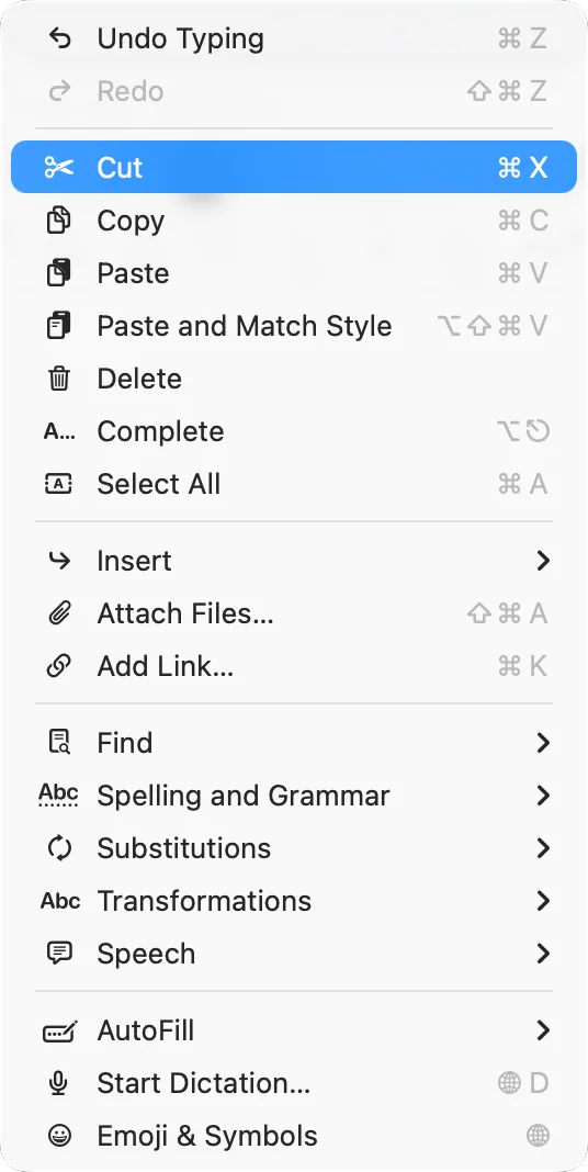 TextEdit’s Edit menu with «Cut» and its shortcut