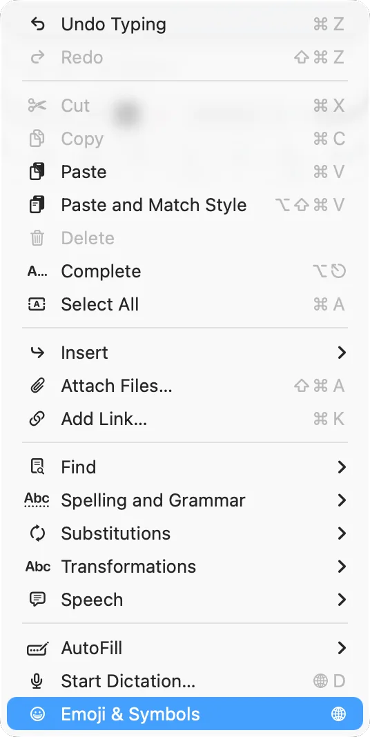 TextEdit’s Edit menu with «Emoji & Symbols»