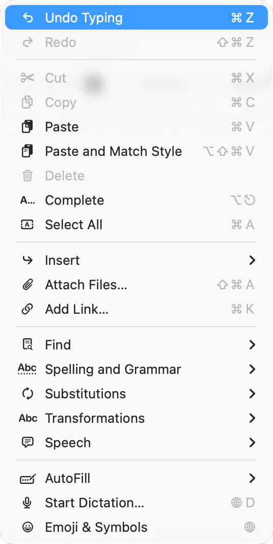 TextEdit’s Edit menu with «Undo Typing»
