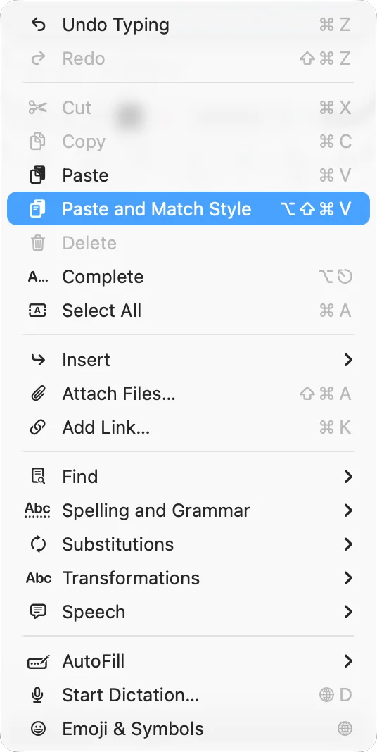 TextEdit’s Edit menu with «Paste and Match Style»