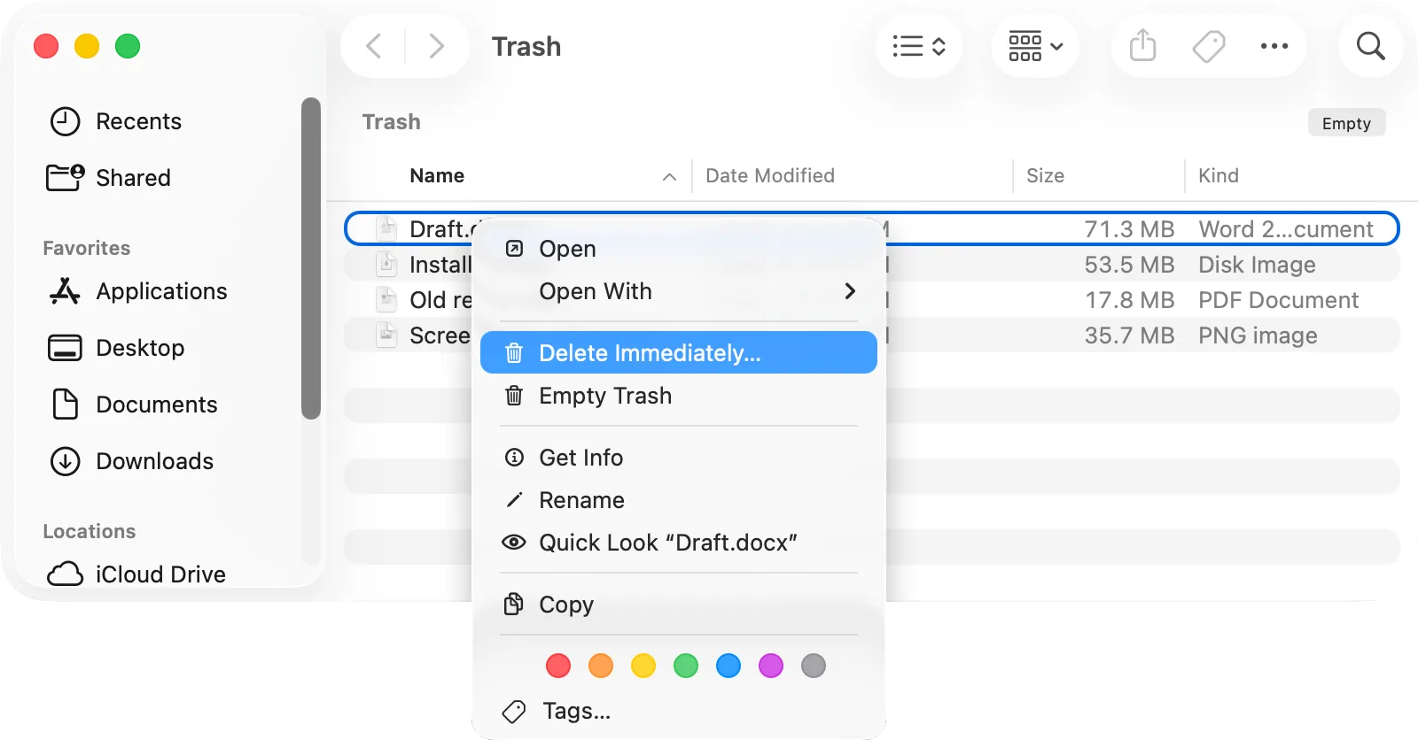 The Trash: the context menu of a file with «Delete Immediately»