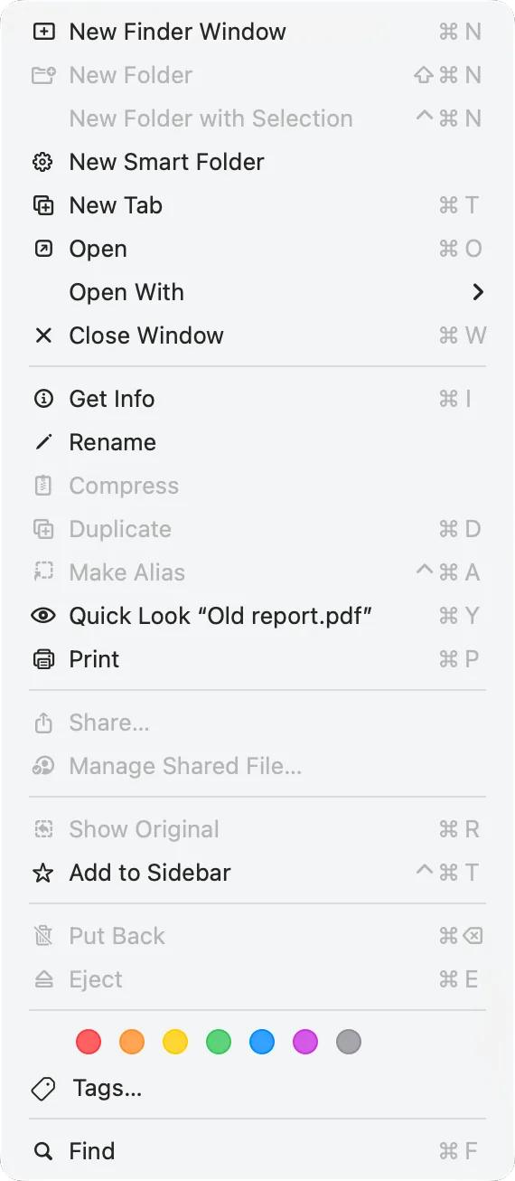 Finder’s File menu with Put Back for an item in the Trash